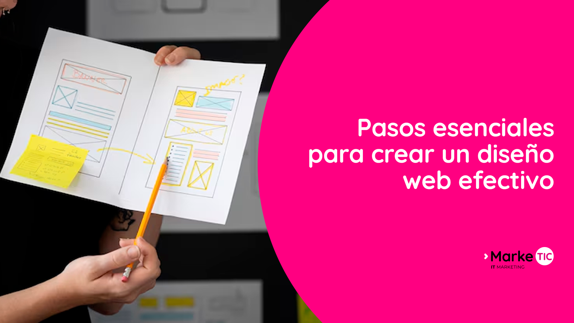 Ilustración mostrando los pasos esenciales para un diseño web efectivo, como objetivos claros, optimización móvil y enfoque en SEO.