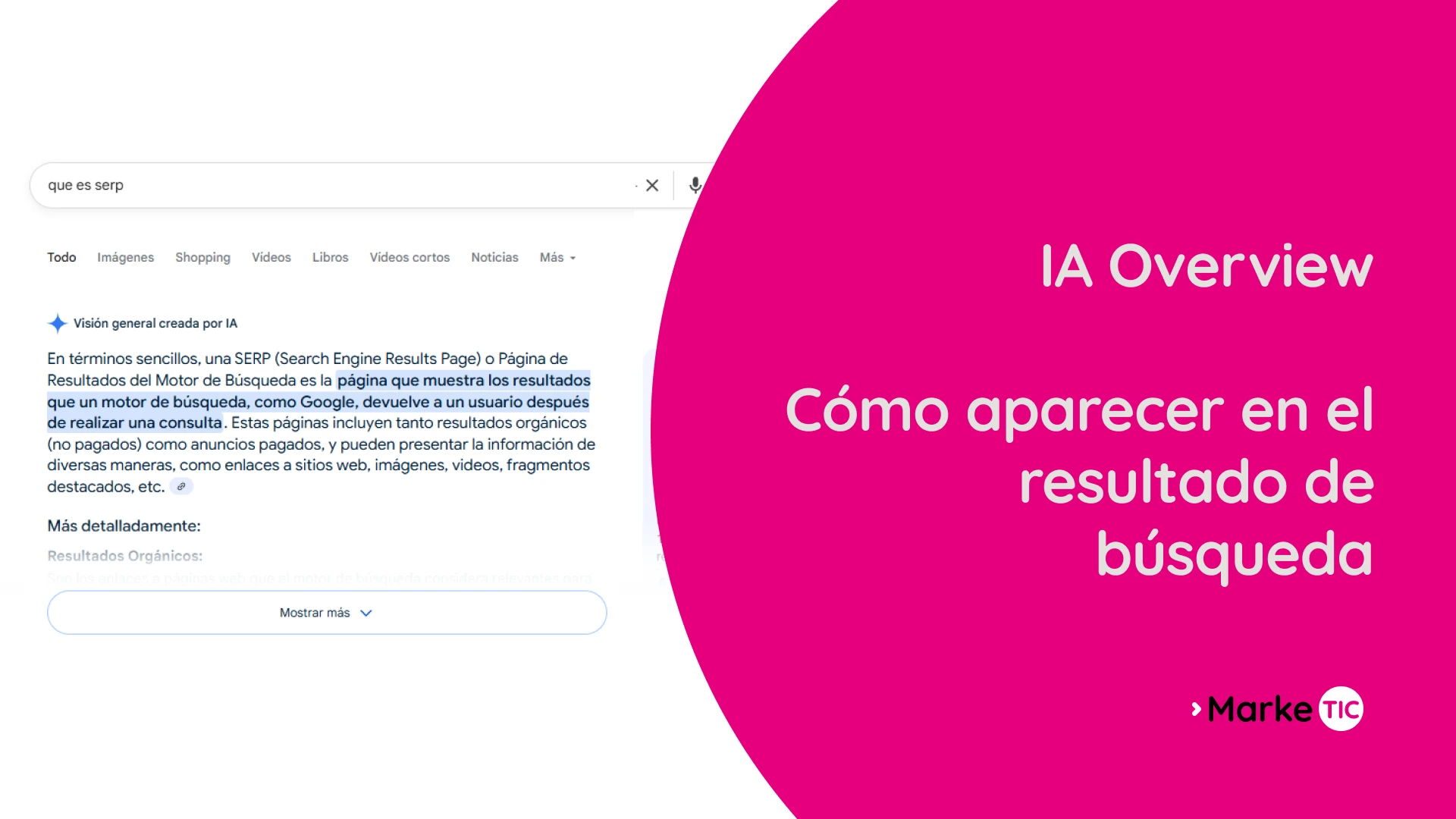 Visual guía de Marketic sobre cómo aparecer en los resultados de Google generados por AI Overview, con estrategias SEO adaptadas a la inteligencia artificial.