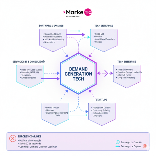 Mapa conceptual de tácticas de demand generation para empresas tecnológicas: incluye estrategias de Content-Led Growth para SaaS, ABM para servicios IT y Enterprise, y Founder-led content para Startups, diferenciando entre creación y captura de demanda. Tácticas de demand generation según tipo de empresa tecnológica
