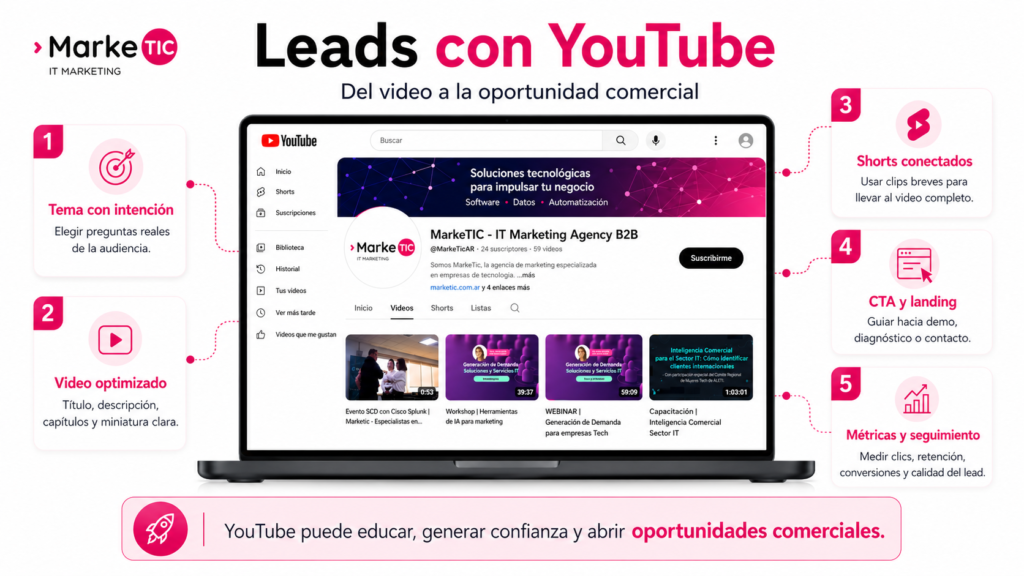 Infografía sobre leads con YouTube para empresas B2B, con pasos para elegir temas, optimizar videos, conectar Shorts, sumar CTA y medir conversiones.