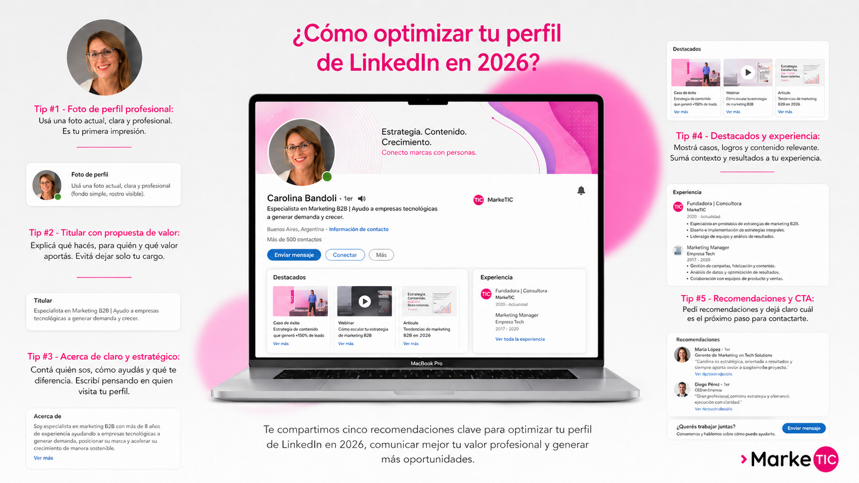 Infografía sobre cómo optimizar tu perfil de LinkedIn en 2026 con recomendaciones para foto, titular, acerca de, destacados, experiencia, recomendaciones y CTA.