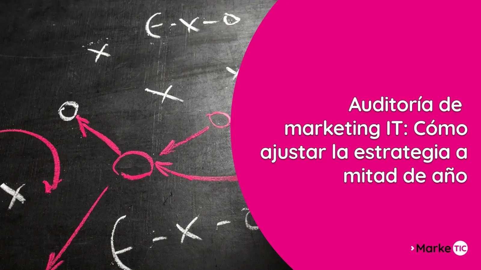 Pizarra táctica de fútbol con flechas en color magenta y título sobre auditoría de marketing B2B IT de MarkeTIC.